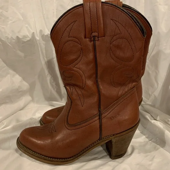 Vintage Dexter Women's 5.5 Brown‎ Leather Western Boots 70s USA Stacked Heel - Picture 2 of 9